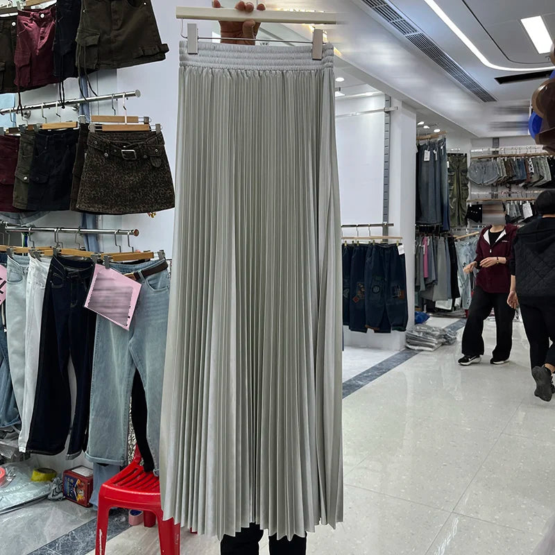 98cm Basics Maxi Pleated Skirt for Women New Korean Casual All-match Solid A Line High Waist Long Maxi Skirt Female