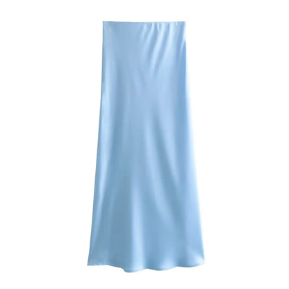 2024 Spring Summer New Women's High-Waisted Skirt European Style Silk-Satin Feeling Long Dress Solid Color Simple Design