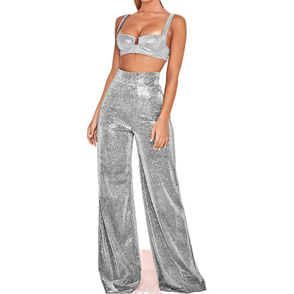 Metallic Sparkly Wide Leg Pants Women Elastic High Waist Glitter Sequin Palazzo Pants Casual Loose Party Clubwear Long Trousers