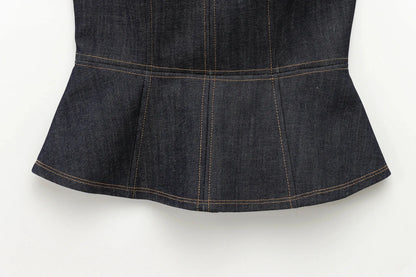 HH Female Spring Vintage Denim Blazer Long Sleeves Turn Down Collar Single Breasted Fake Pockets Street Fashion Coats