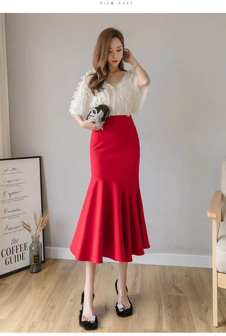 Seoulish Ruffles Solid Color Women's Skirts 2024 New Spring Summer Elegant High Waist Office Ladies Style Pencil Midi Skirts