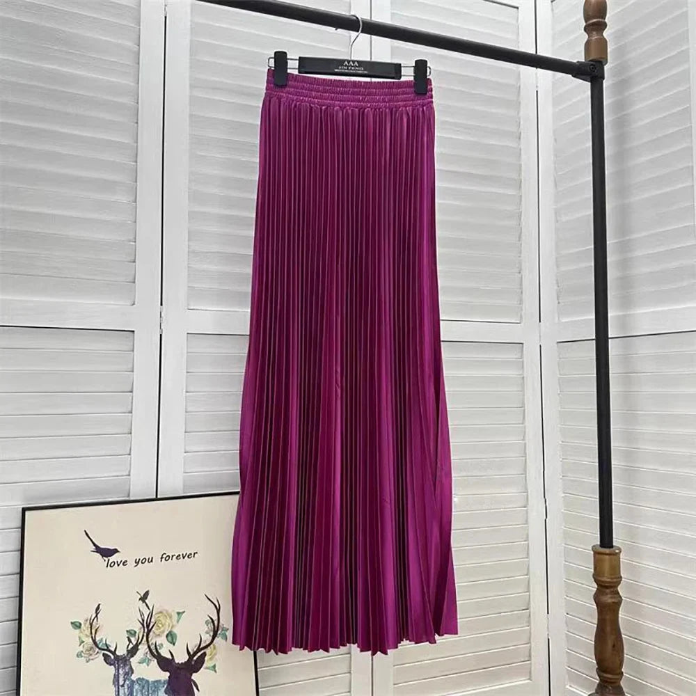 98cm Basics Maxi Pleated Skirt for Women New Korean Casual All-match Solid A Line High Waist Long Maxi Skirt Female