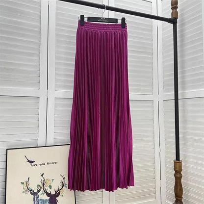 98cm Basics Maxi Pleated Skirt for Women New Korean Casual All-match Solid A Line High Waist Long Maxi Skirt Female