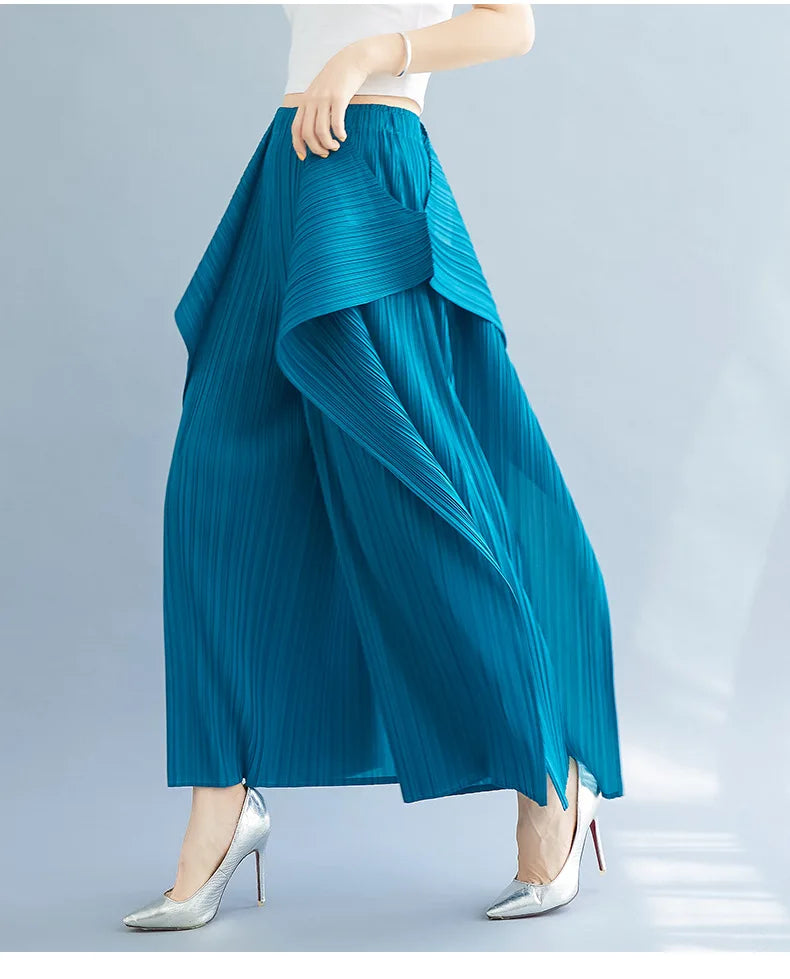 Miyake 2025 New Pleated Pants Irregular Wide-legged Pants Simple Loose Large Size with Elastic Formal Occasions Commuter Women's