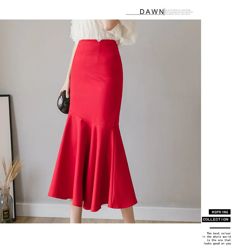 Seoulish Ruffles Solid Color Women's Skirts 2024 New Spring Summer Elegant High Waist Office Ladies Style Pencil Midi Skirts