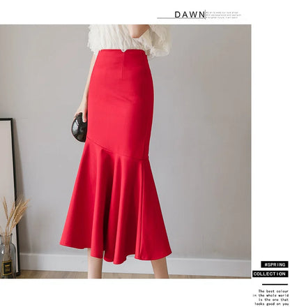 Seoulish Ruffles Solid Color Women's Skirts 2024 New Spring Summer Elegant High Waist Office Ladies Style Pencil Midi Skirts