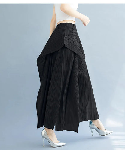 Miyake 2025 New Pleated Pants Irregular Wide-legged Pants Simple Loose Large Size with Elastic Formal Occasions Commuter Women's
