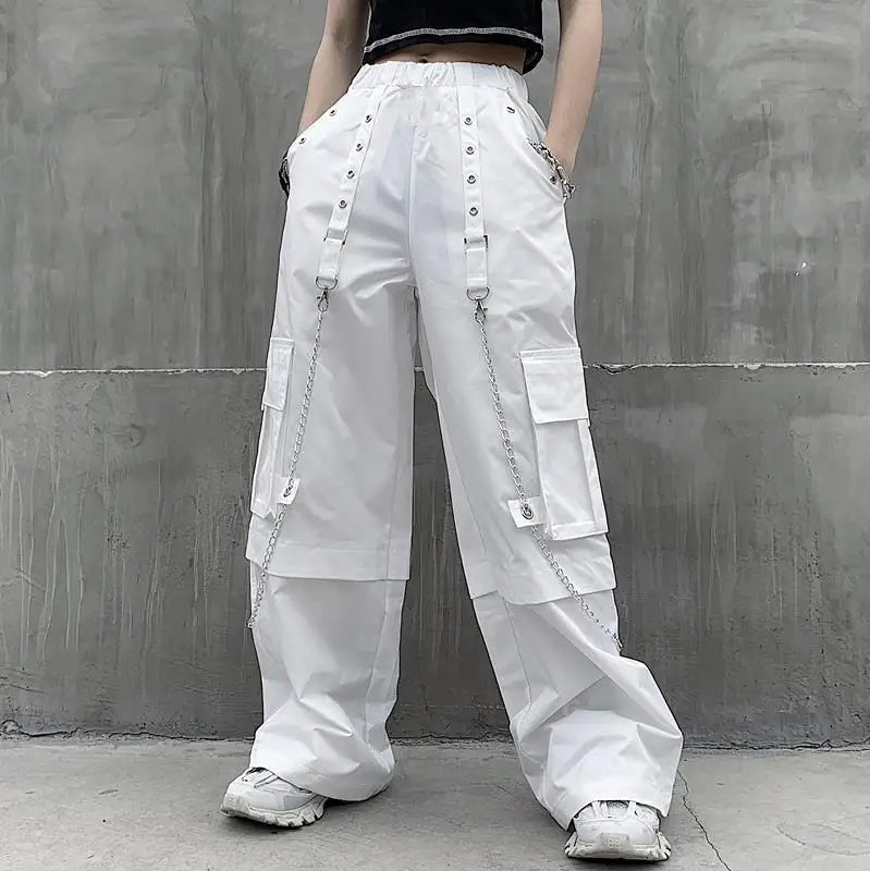 Women Trendy Vintage Casual Streetwear Pocket Cargo Pants Y2K Female High Waist White Hip Hop Loose Trousers Straight Pantalones