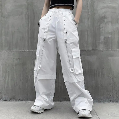 Women Trendy Vintage Casual Streetwear Pocket Cargo Pants Y2K Female High Waist White Hip Hop Loose Trousers Straight Pantalones