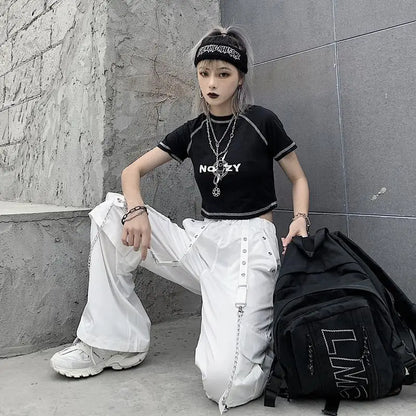 Women Trendy Vintage Casual Streetwear Pocket Cargo Pants Y2K Female High Waist White Hip Hop Loose Trousers Straight Pantalones