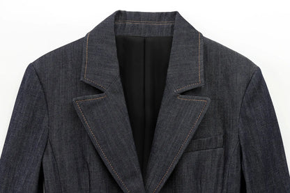 HH Female Spring Vintage Denim Blazer Long Sleeves Turn Down Collar Single Breasted Fake Pockets Street Fashion Coats