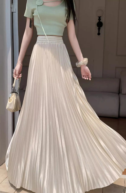 98cm Basics Maxi Pleated Skirt for Women New Korean Casual All-match Solid A Line High Waist Long Maxi Skirt Female