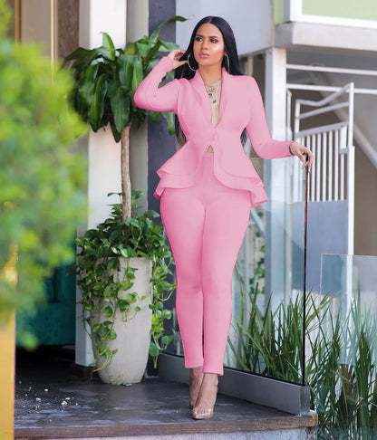 2025 Women's Formal Set 2PCS Tracksuit Full Sleeve Ruffles Blazers Pencil Pants Suit Two Piece Set Office Lady Outfits Uniform