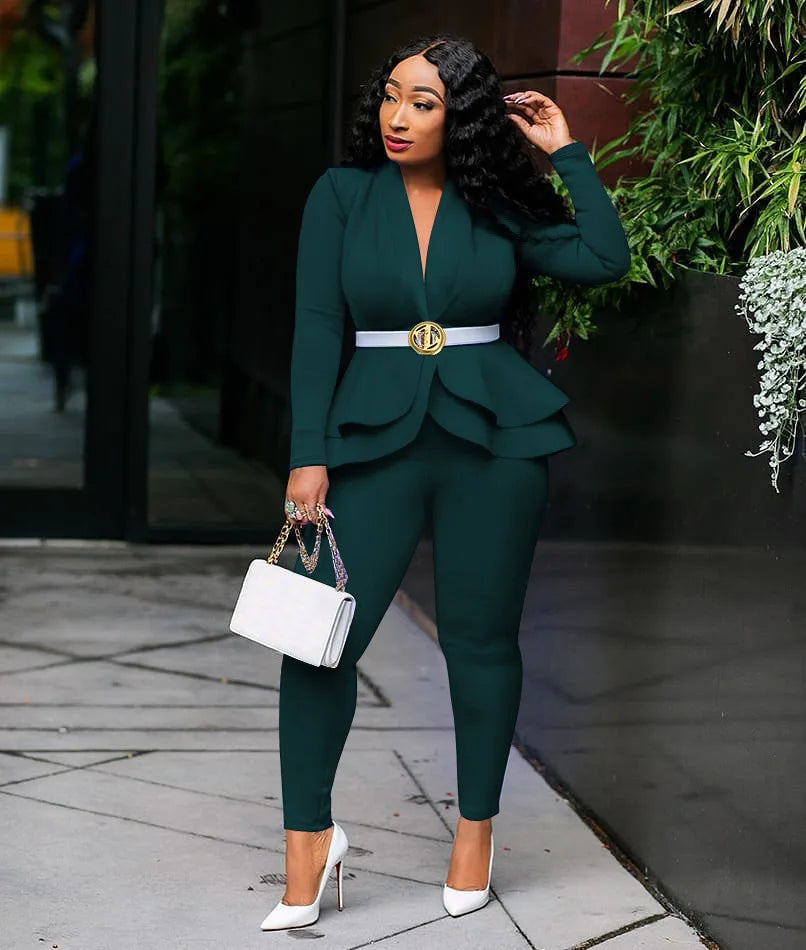 2025 Women's Formal Set 2PCS Tracksuit Full Sleeve Ruffles Blazers Pencil Pants Suit Two Piece Set Office Lady Outfits Uniform