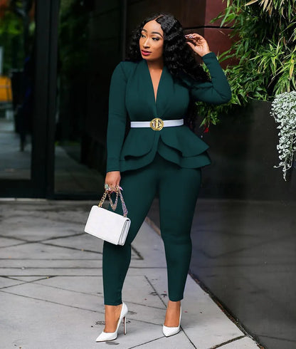 2025 Women's Formal Set 2PCS Tracksuit Full Sleeve Ruffles Blazers Pencil Pants Suit Two Piece Set Office Lady Outfits Uniform