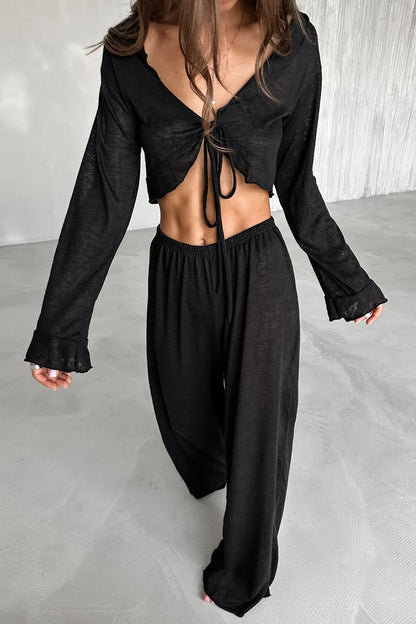 Mozuleva Women's Summer Loose Casual Long Sleeved Pants Set Soft Comfortable Fashion Home Clothes Solid Color Basic Pajamas Set