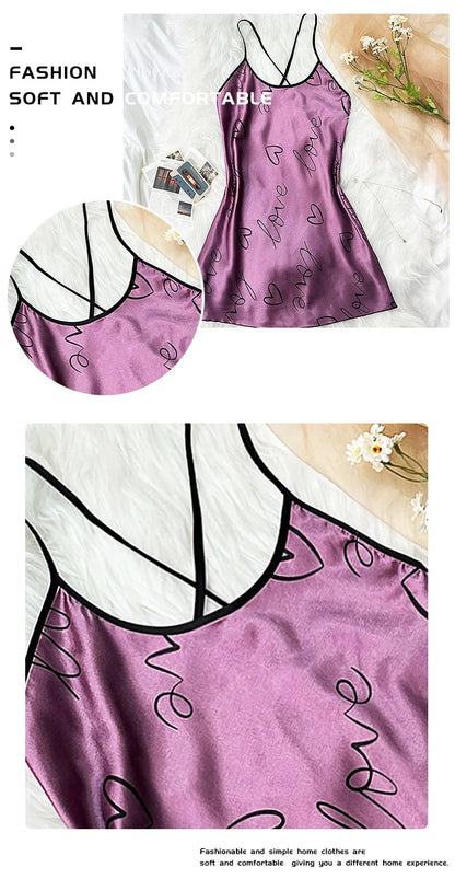 Heart Print Cross Tie Straps Satin Fabric Pajamas Sets Nightdress Casual Round Neck Strap Sleep Dress Women's Sleepwear Dresses