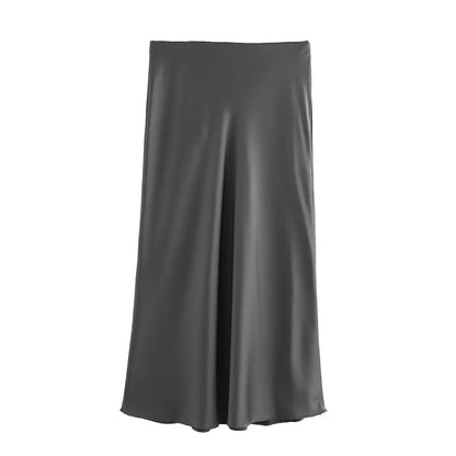 2024 Spring Summer New Women's High-Waisted Skirt European Style Silk-Satin Feeling Long Dress Solid Color Simple Design