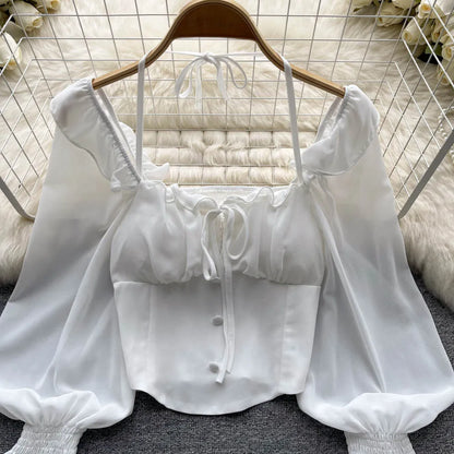 French Chic Halter Blouses Femininas Bow Flare Sleeve Short Tops Dames HighStreet Blusa Mujer Casual Shirts Clothes Dropshipping