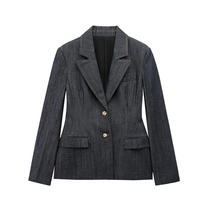 HH Female Spring Vintage Denim Blazer Long Sleeves Turn Down Collar Single Breasted Fake Pockets Street Fashion Coats