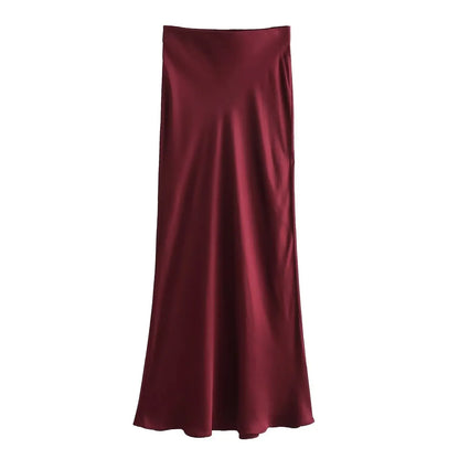 2024 Spring Summer New Women's High-Waisted Skirt European Style Silk-Satin Feeling Long Dress Solid Color Simple Design