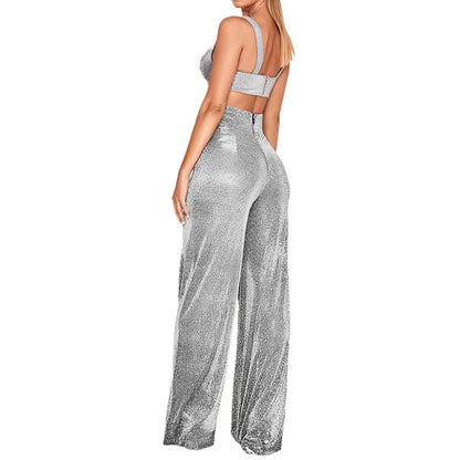 Metallic Sparkly Wide Leg Pants Women Elastic High Waist Glitter Sequin Palazzo Pants Casual Loose Party Clubwear Long Trousers