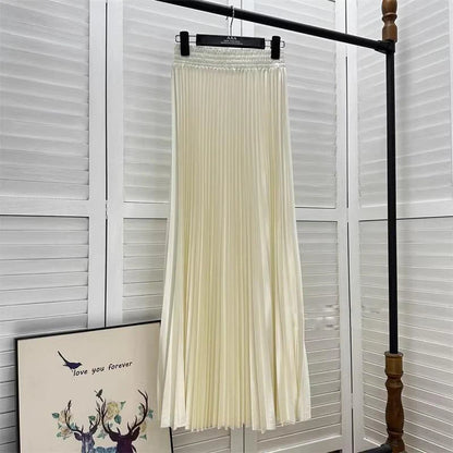 98cm Basics Maxi Pleated Skirt for Women New Korean Casual All-match Solid A Line High Waist Long Maxi Skirt Female