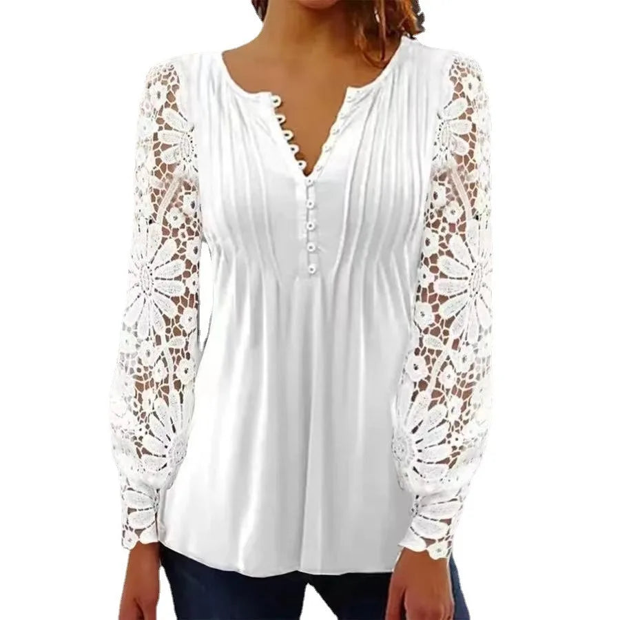 2025 European and American Spring and Autumn Fashion New Women's Lace Frill Sleeve Pleated Solid Color Button T-shirt Base Shirt
