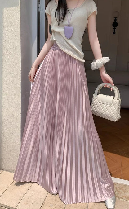 98cm Basics Maxi Pleated Skirt for Women New Korean Casual All-match Solid A Line High Waist Long Maxi Skirt Female