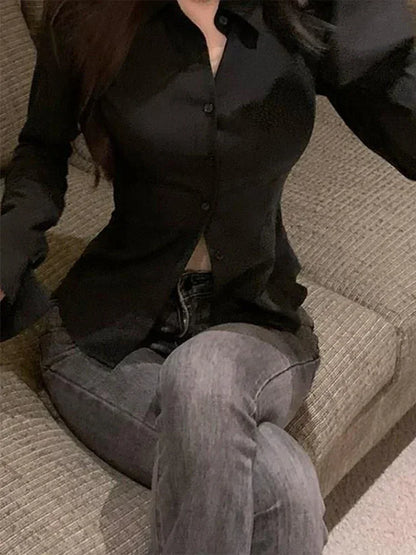 Sexy Slim Flared Sleeve Women's Shirt Solid Lapel Single-breasted Back Bandage Tunic Female Blouses Spring Trend New Lady