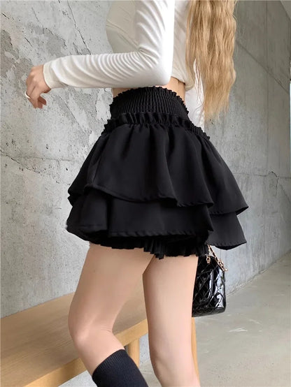 Mini Skirt Cute Sexy Balletcore Elastic High Waist Ball Gown Ruffle Patchwork Lolita Skirt Short Korean Sweet Y2K Women Clothing