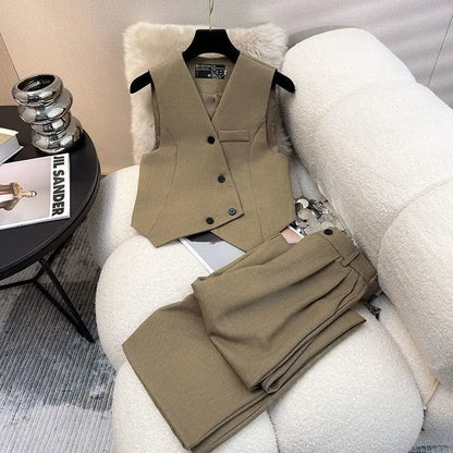 Simple Sleeveless Suit Vest Casual Wide Leg Pants Two-piece Set for Women 2025 New Elegant Suit Set