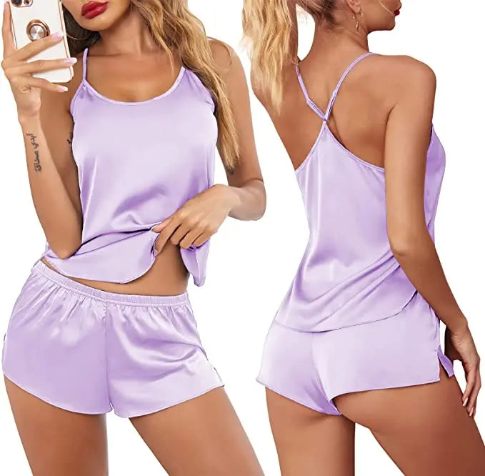 Summer New Ice Silk Spaghetti Strap Sexy Women Pajamas Pure Color Thin Section Fashion Sleepwear