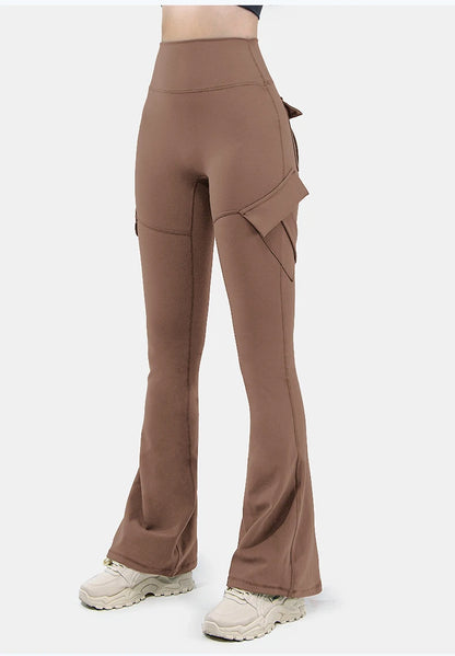 New Women Casual Bootleg Yoga Pants Plus Size Workout Flare Leggings High Waist dungarees  Pants with Pockets Sports Wear