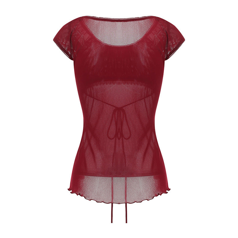 Women Summer Y2K Aesthetic Tops Lace Trim Cap Sleeve Low Cut Shirts Vintage Casual Sexy Tops and Blouses Female