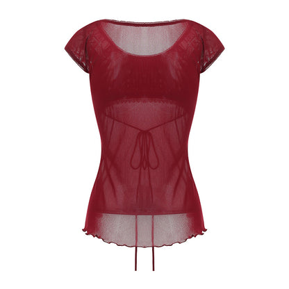 Women Summer Y2K Aesthetic Tops Lace Trim Cap Sleeve Low Cut Shirts Vintage Casual Sexy Tops and Blouses Female