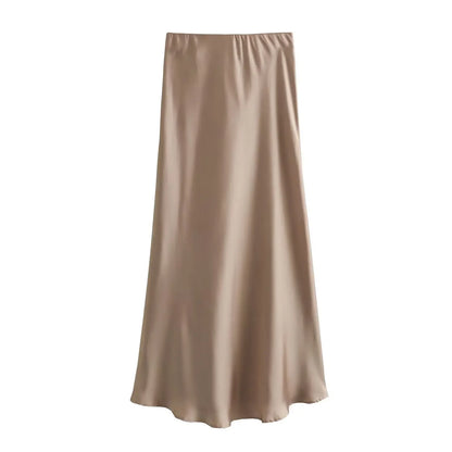 2024 Spring Summer New Women's High-Waisted Skirt European Style Silk-Satin Feeling Long Dress Solid Color Simple Design