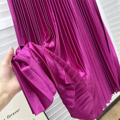98cm Basics Maxi Pleated Skirt for Women New Korean Casual All-match Solid A Line High Waist Long Maxi Skirt Female