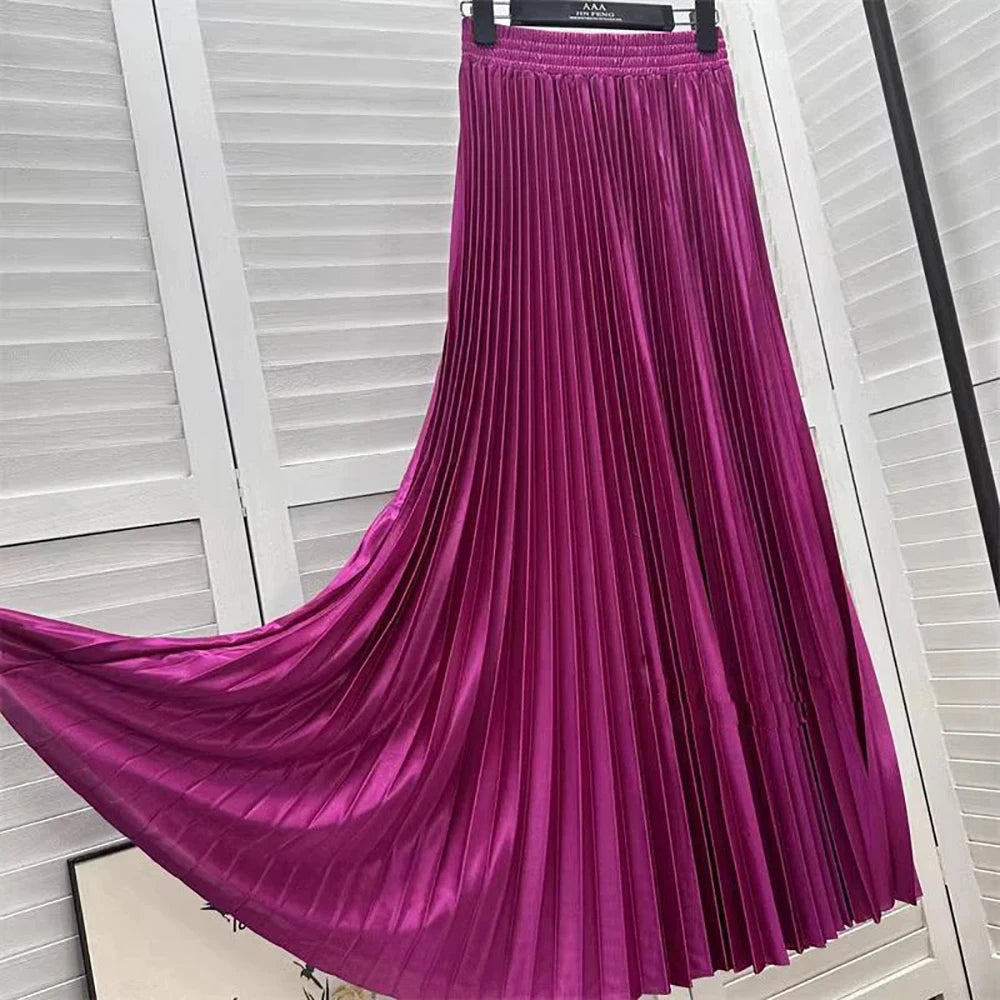 98cm Basics Maxi Pleated Skirt for Women New Korean Casual All-match Solid A Line High Waist Long Maxi Skirt Female