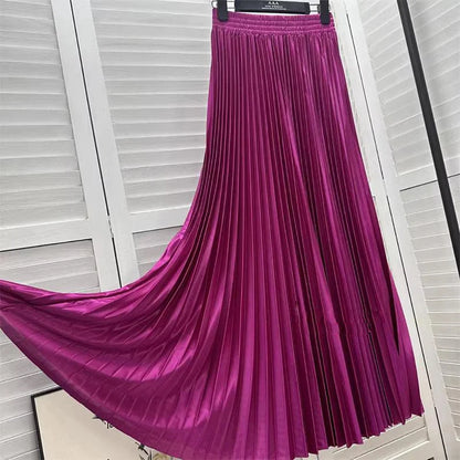 98cm Basics Maxi Pleated Skirt for Women New Korean Casual All-match Solid A Line High Waist Long Maxi Skirt Female