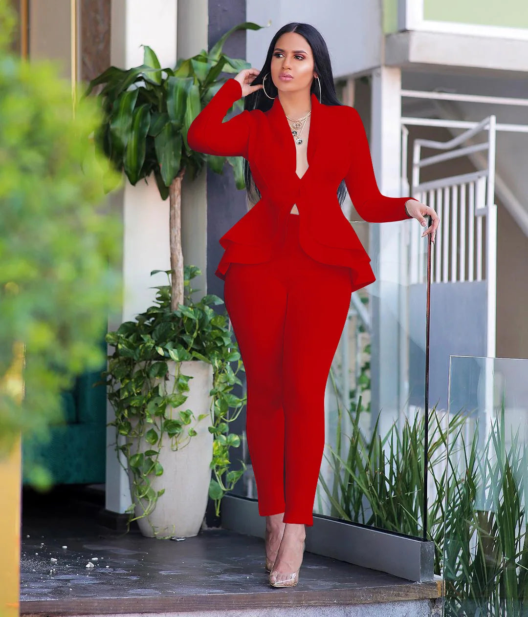 2025 Women's Formal Set 2PCS Tracksuit Full Sleeve Ruffles Blazers Pencil Pants Suit Two Piece Set Office Lady Outfits Uniform