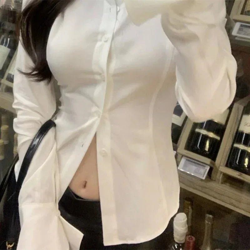 Sexy Slim Flared Sleeve Women's Shirt Solid Lapel Single-breasted Back Bandage Tunic Female Blouses Spring Trend New Lady