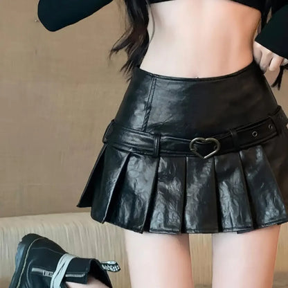 Vintage High-Waisted PU Leather Mini Dress Slimming American Style Sexy Pleated Skirt Autumn/Winter New Arrival