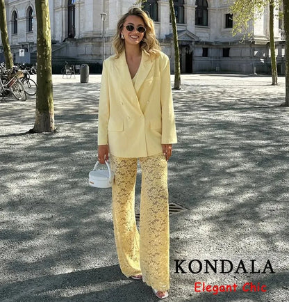 KONDALA Elegant Yellow Blazer Women's Double-breasted Lapel Blazer Fashion High Street 2025 Spring Summer Holidays Commute Suit