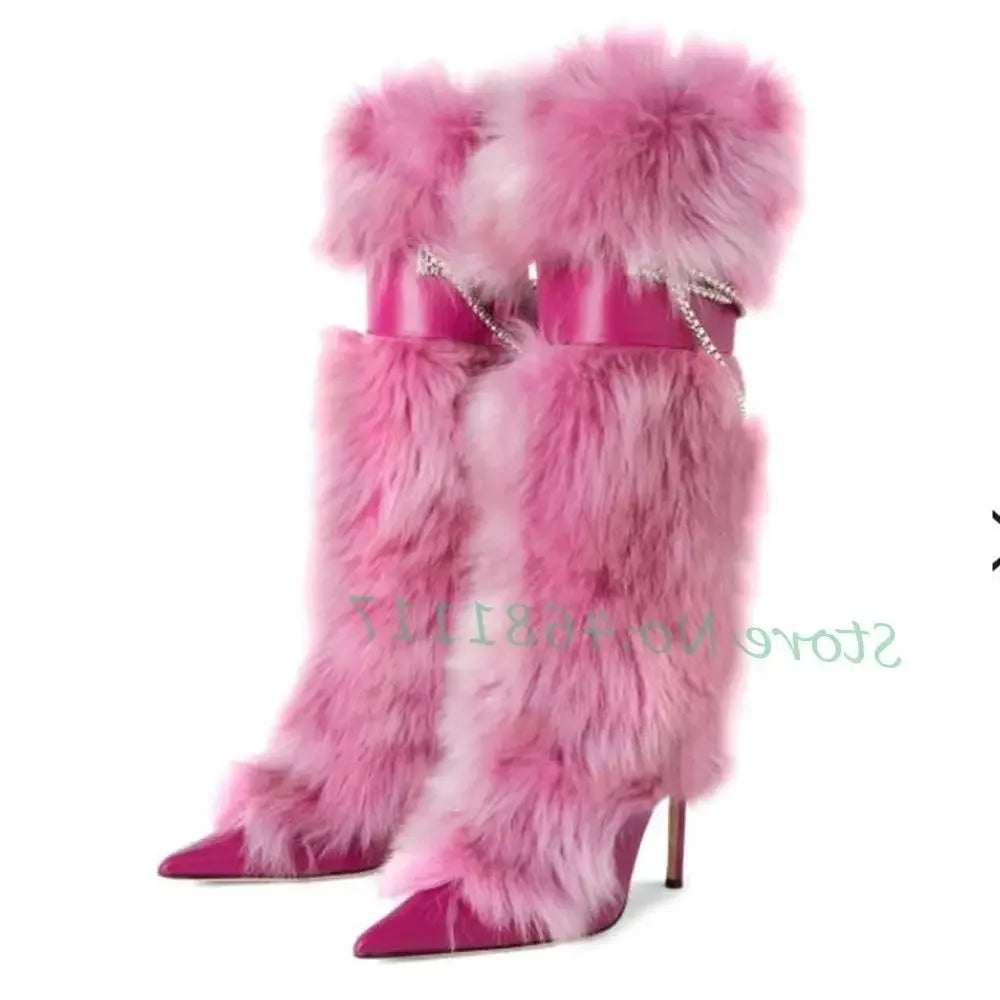 Pink Fur Pointy Knee High Boots Women Trends Luxury Fluff Metal Chain Winding High Heels Boots Winter Female Fashion Snow Boots