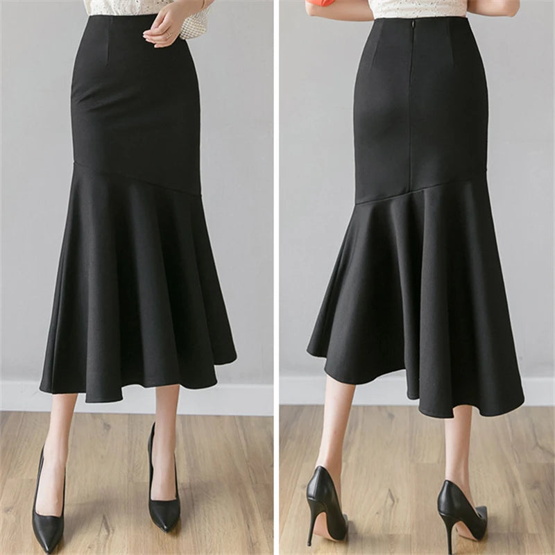 Seoulish Ruffles Solid Color Women's Skirts 2024 New Spring Summer Elegant High Waist Office Ladies Style Pencil Midi Skirts