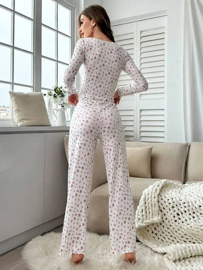 New Women Soft Comfortable sexy Floral Print Pajama Set Long Sleeve Top and Pants Loungewear Sleepwear Two Piece Set Homewear