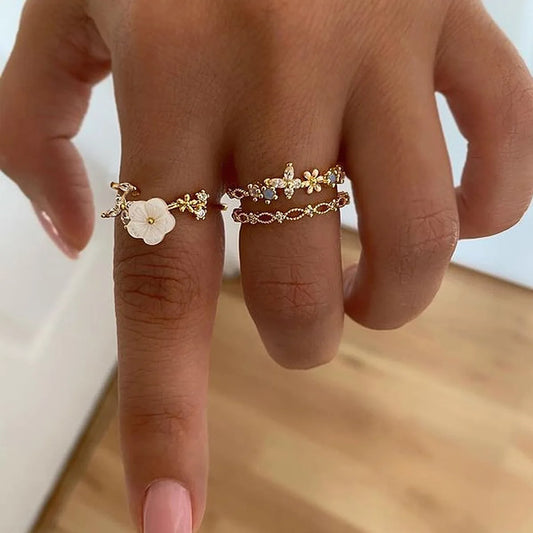Boho Chic Ring Collection - Handmade Flower Rings with Gold Plating, Stackable for Layering, Elegant Party & Wedding Accessories