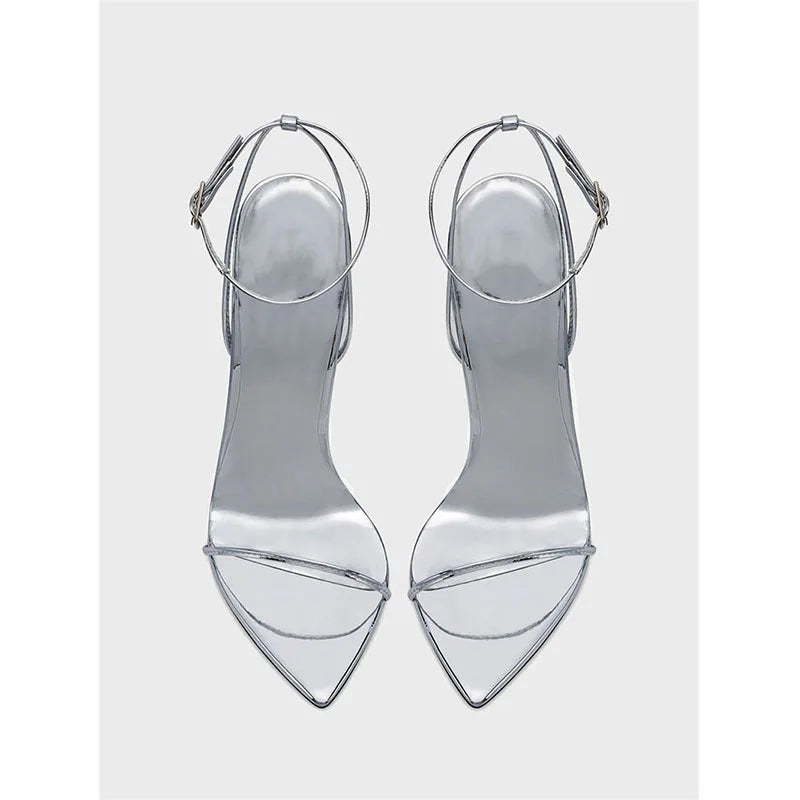 New black flat sandals with slim heels and sexy temperament, pointed high-heeled sandals for women, worn in plus sizes 33-46