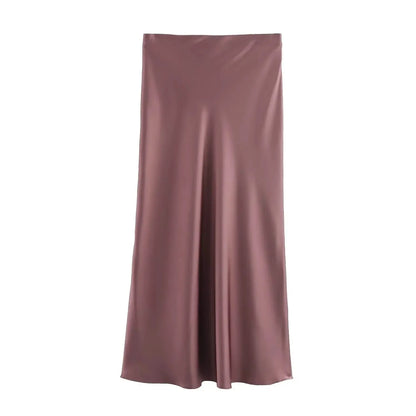 2024 Spring Summer New Women's High-Waisted Skirt European Style Silk-Satin Feeling Long Dress Solid Color Simple Design